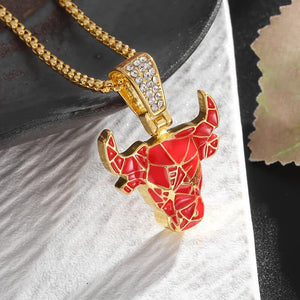 Bull's Head Red Flat Necklace in Gold - Mounteen