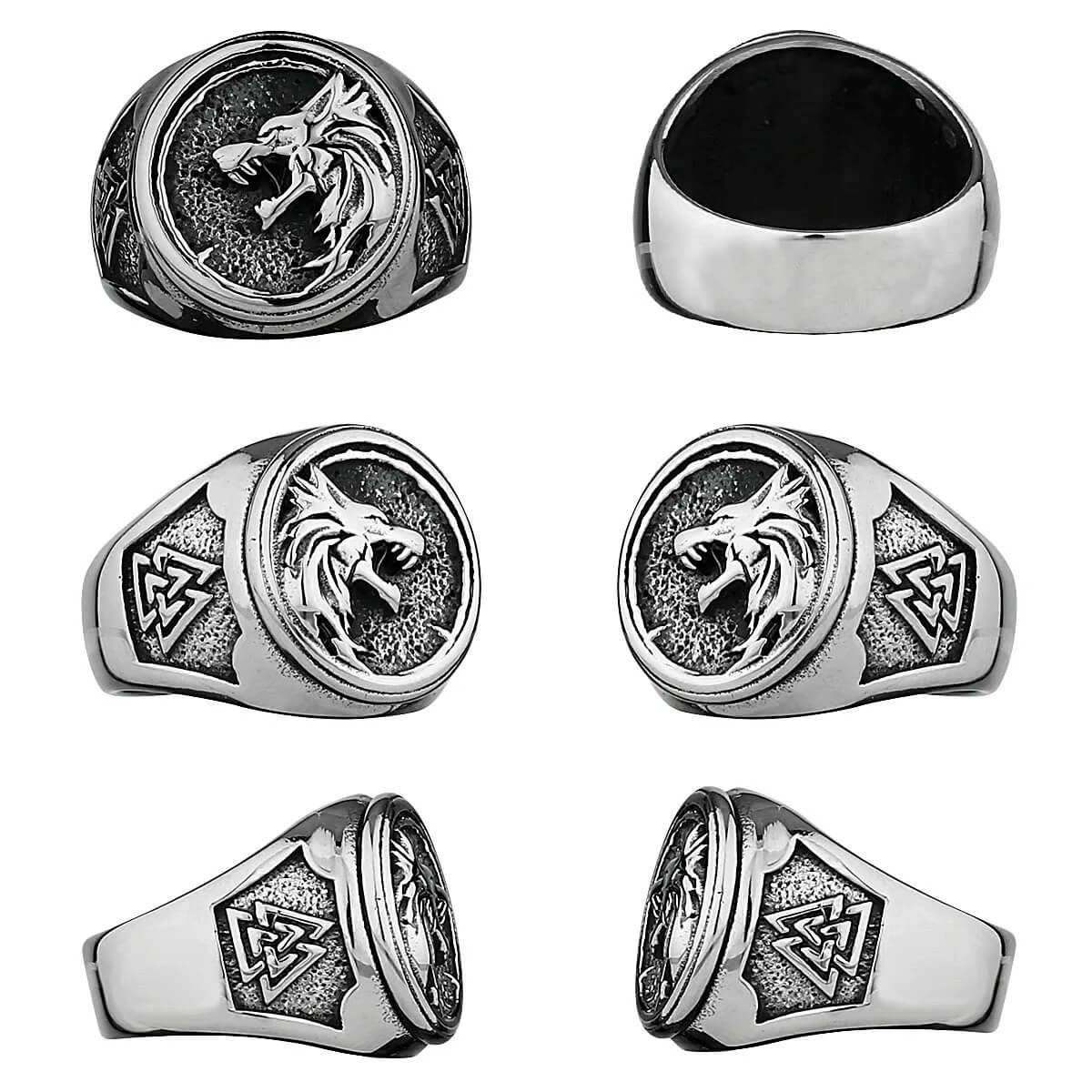 Viking Valknut Rune Wolf Head Stainless Steel Ring - Mounteen