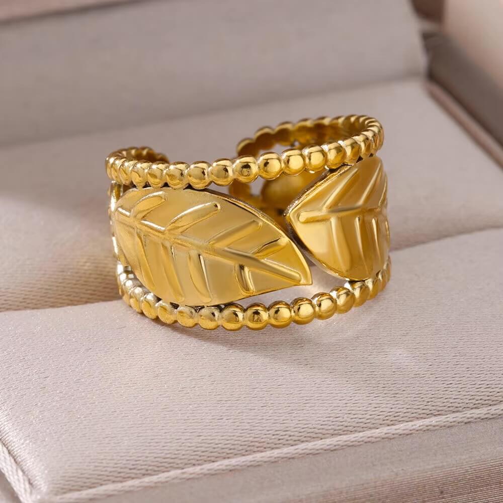 Beaded Leaf Gold Color Ring