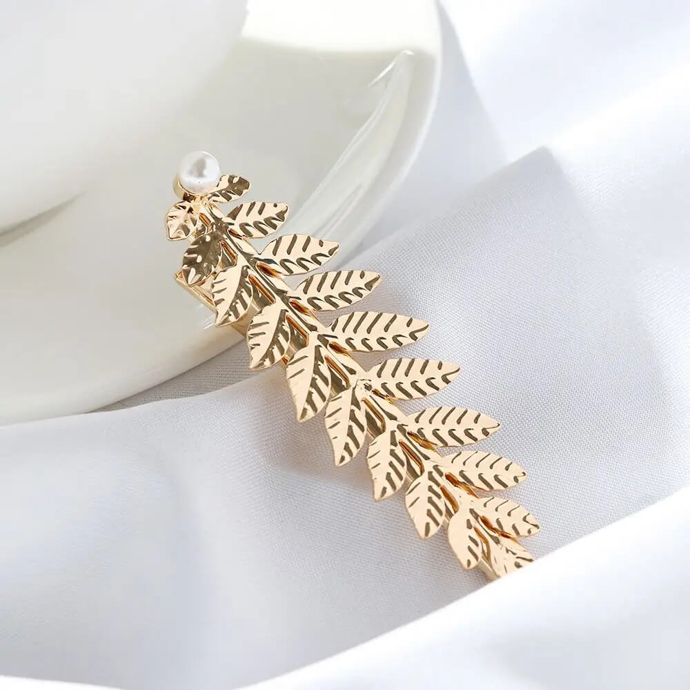 Bridal Golden Leaves Hairpin Brooch With Simulated Pearl - Mounteen