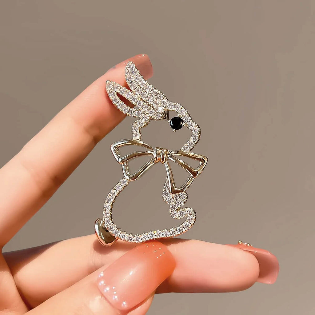 Bunny in Bow Tie Gold-Colored Brooch With Simulated Gemstone - Mounteen