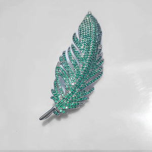 Copper Feather Brooch With Inlaid Micro Cubic Zirconia in Green & Silver - Mounteen