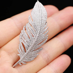 Copper Feather Brooch With Inlaid Micro Cubic Zirconia in Silver - Mounteen