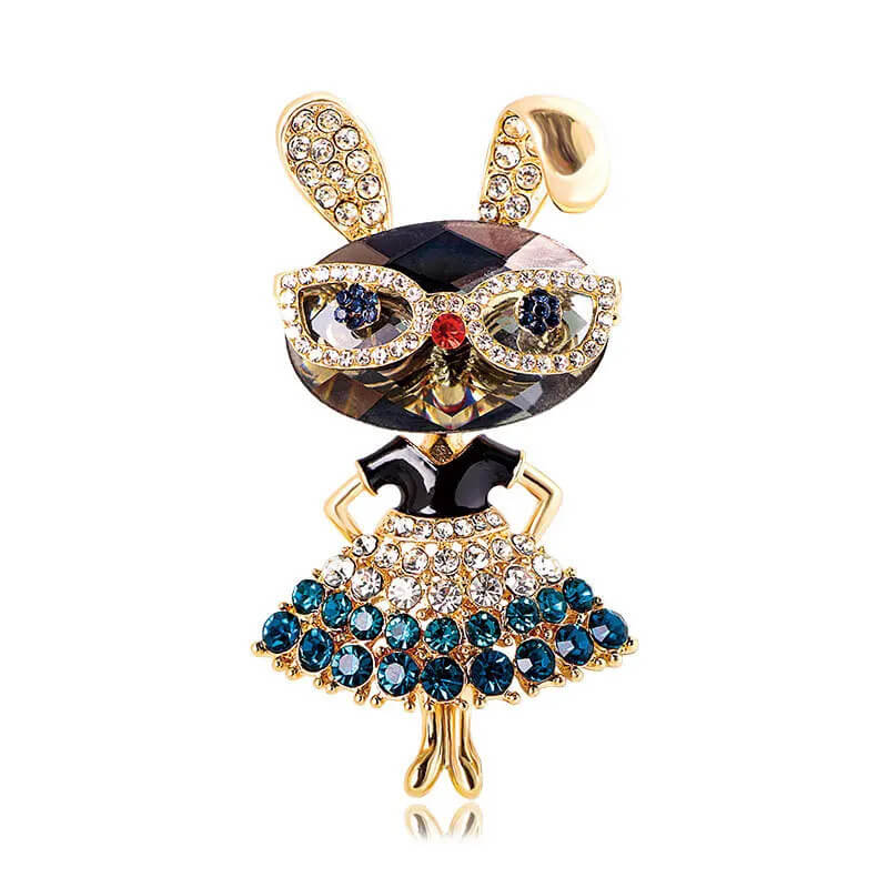 Dancing Bunny Brooch in Glasses and Tutu Encrusted with Rhinestones in Blue - Mounteen