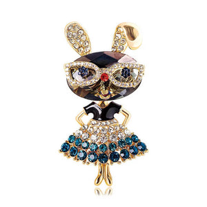 Dancing Bunny Brooch in Glasses and Tutu Encrusted with Rhinestones in Blue - Mounteen