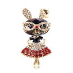 Dancing Bunny Brooch in Glasses and Tutu Encrusted with Rhinestones in Red - Mounteen