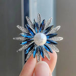 Dual Flower Rhinestone-Encrusted Brooch with Large Imitation Pearl and Simulated Gemstones in Blue - Mounteen