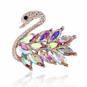 Elegant Swan Rhinestone Brooch With Simulated Gemstones in Rainbow - Mounteen