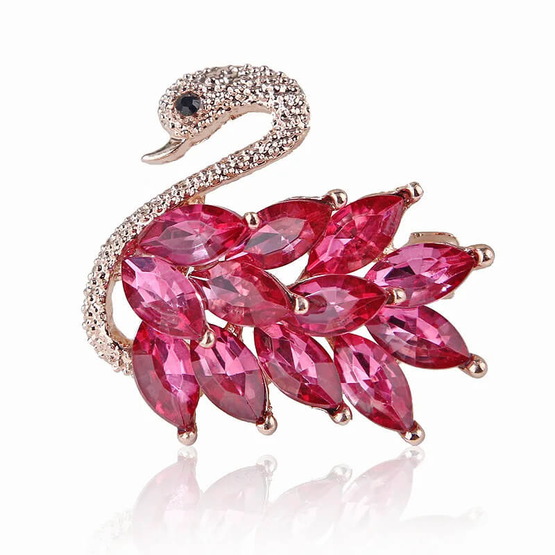 Elegant Swan Rhinestone Brooch With Simulated Gemstones in Ruby - Mounteen