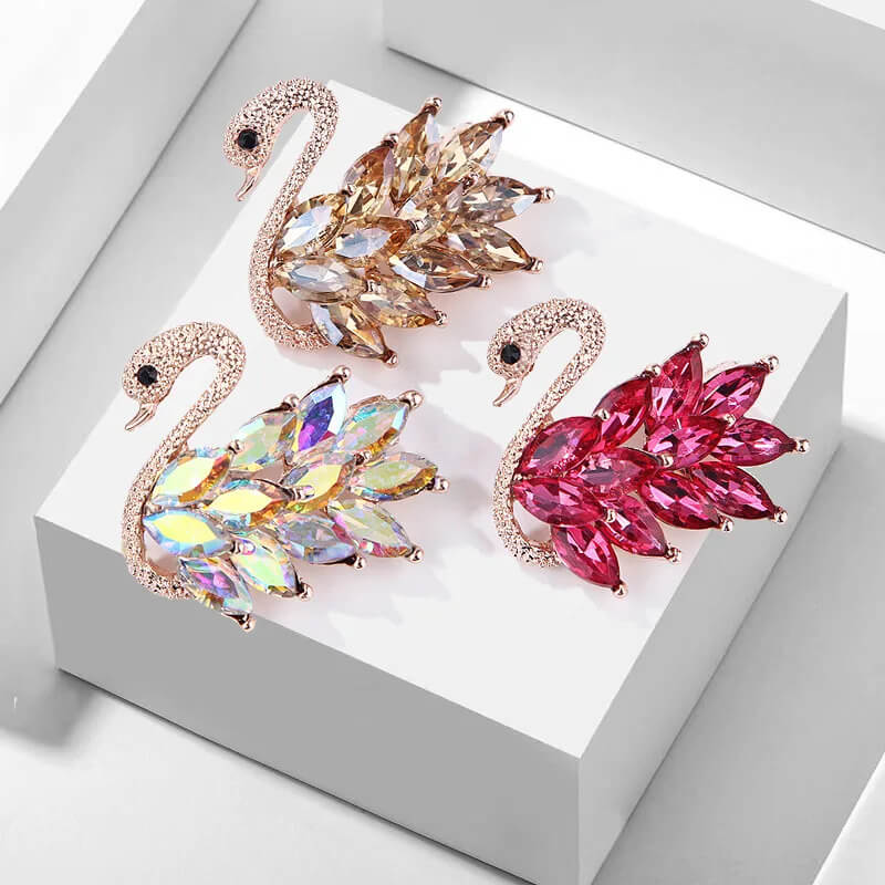 Elegant Swan Rhinestone Brooch With Simulated Gemstones in Set of 3: Rainbow, Topaz & Ruby - Mounteen