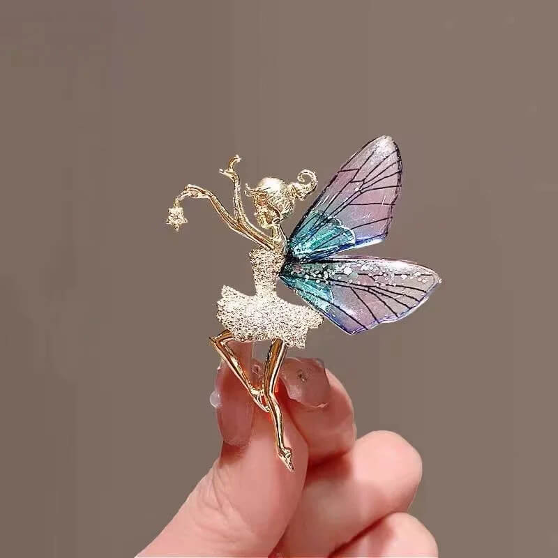 Gold-Toned Fairy Butterfly Brooch With Purple and Blue Wings - Mounteen