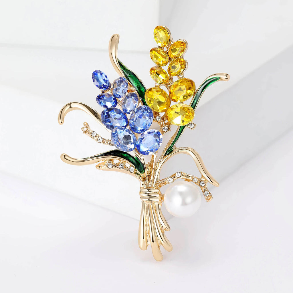 Golden Color Bouquet Brooch With Rhinestones and Blue, Yellow, and Green Imitation Gemstones - Mounteen