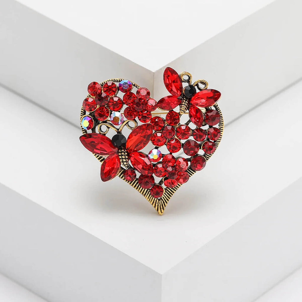 Heart Brooch With Artificial Gemstone Butterflies and Rhinestones in Red - Mounteen