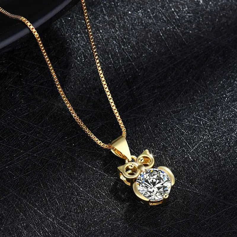 Large Simulated Diamond Pendant Owl Necklace Gold Toned With Zirconia - Free shipping