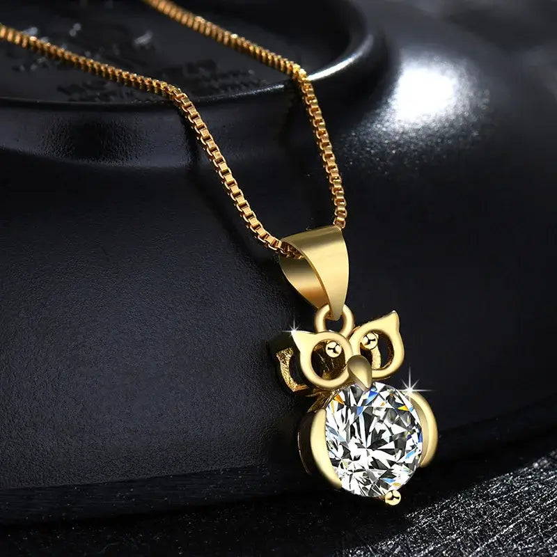 Large Simulated Diamond Pendant Owl Necklace Gold Toned With Zirconia - Free shipping