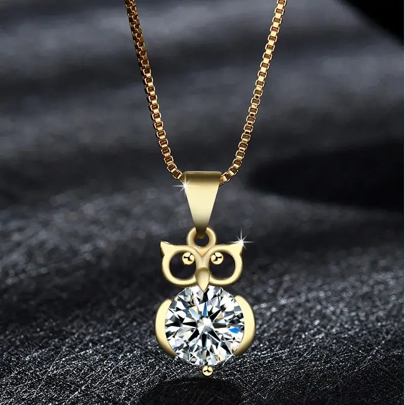 Large Simulated Diamond Pendant Owl Necklace Gold Toned With Zirconia - Free shipping