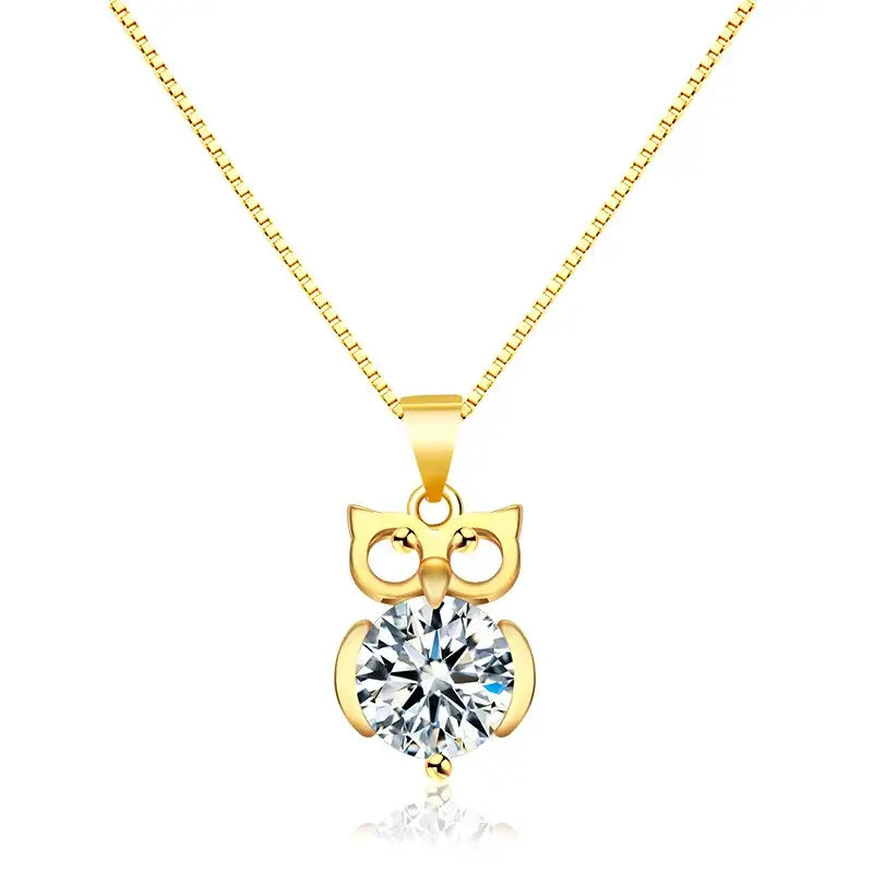 Large Simulated Diamond Pendant Owl Necklace Gold Toned With Zirconia