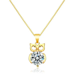 Large Simulated Diamond Pendant Owl Necklace Gold Toned With Zirconia