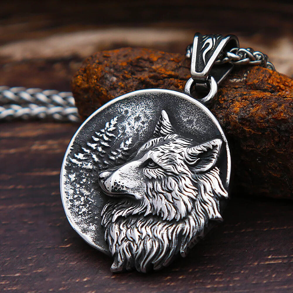 Lone Wolf Forest Nordic Stainless Steel Pendant Necklace in Pendant & Chain - Mounteen
