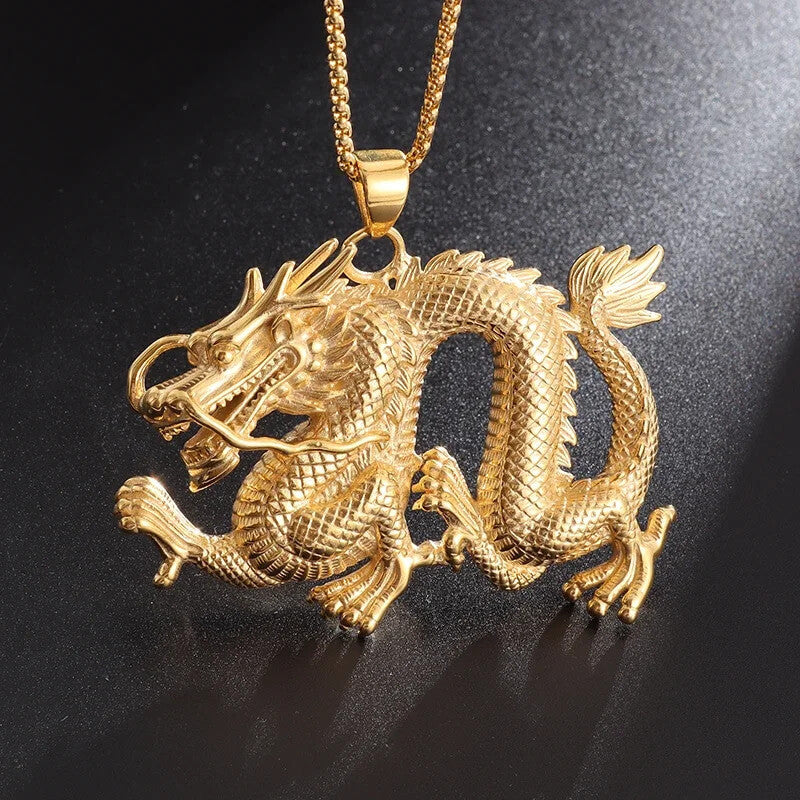 Loong Chinese Dragon Necklace in Gold - Mounteen