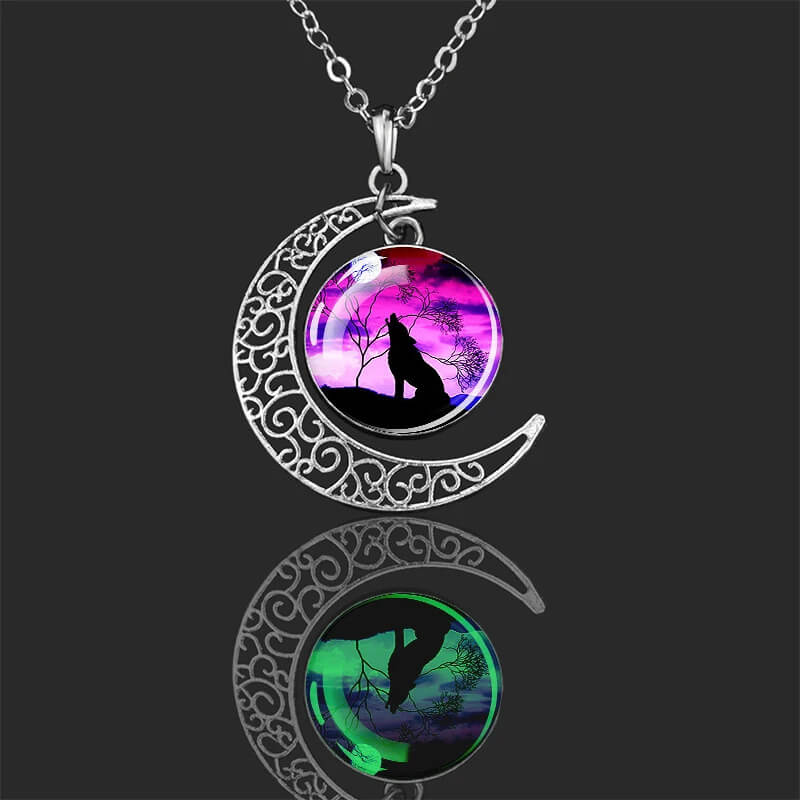 Luminescent Howling Wolf At Night Crescent Necklace - Mounteen