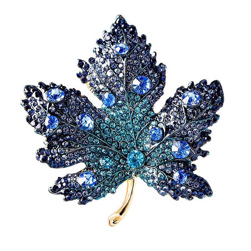 Maple Leaf Rhinestone Gold-Toned Brooch in Blue - Mounteen