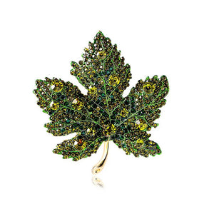 Maple Leaf Rhinestone Gold-Toned Brooch in Green - Mounteen