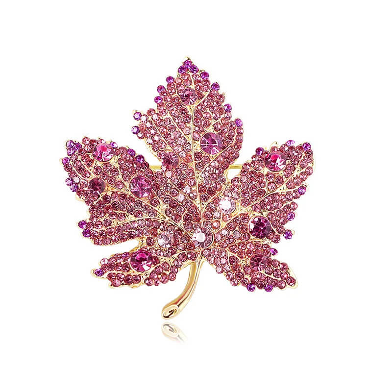 Maple Leaf Rhinestone Gold-Toned Brooch in Pink - Mounteen