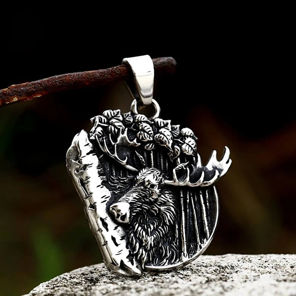 Moose Chewing On Tree Bark Stainless Steel Pendant Necklace in Pendant & Chain - Mounteen