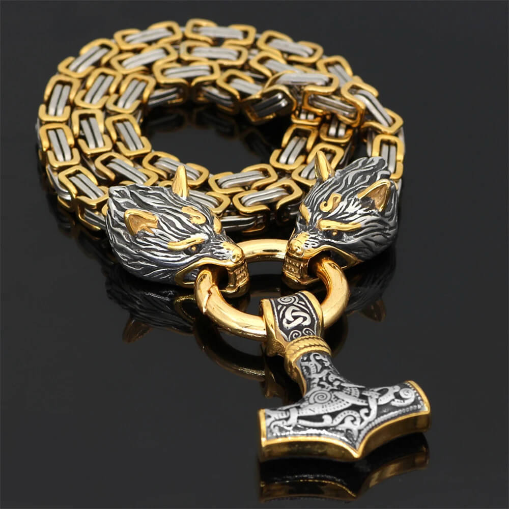 Nordic Celtic Wolf Odin Stainless Steel Necklace Chain in Gold - Mounteen