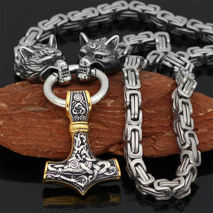 Nordic Celtic Wolf Odin Stainless Steel Necklace Chain in Silver & Gold - Mounteen