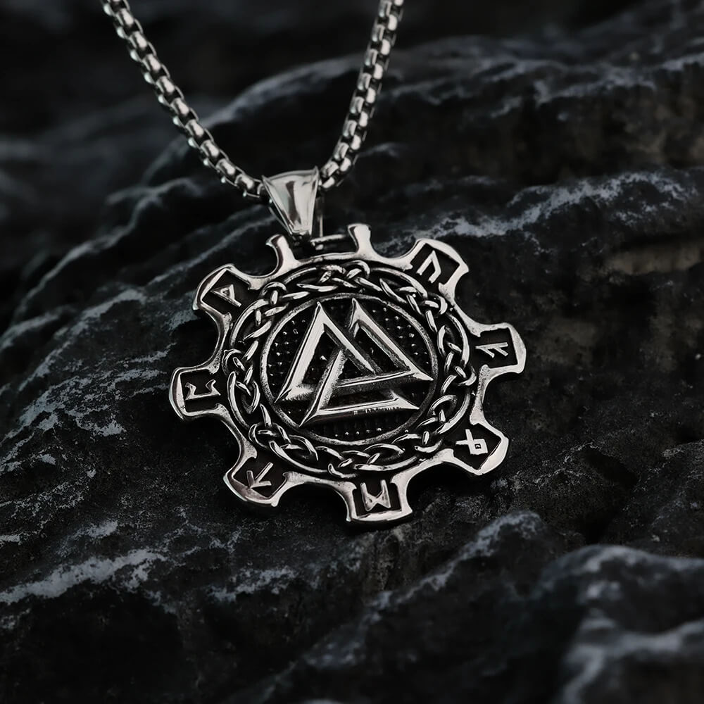 Odin's Symbol Valknut Interlocking Triangles Pendant Necklace Stainless Steel in Silver - Mounteen