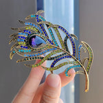 Peacock's Feather Colored Rhinestone-Encrusted Gold-Toned Brooch with Large Synthetic Gem - Mounteen
