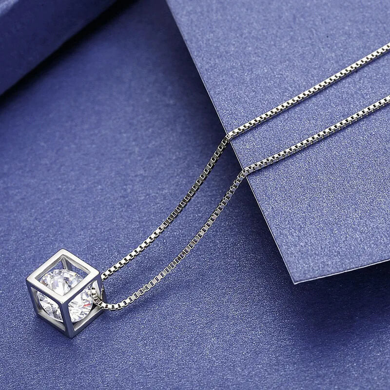 Sphere In Cube Geometric Pendant Necklace with Cubic Zirconia Gemstone 925 Sterling Silver - Mounteen
