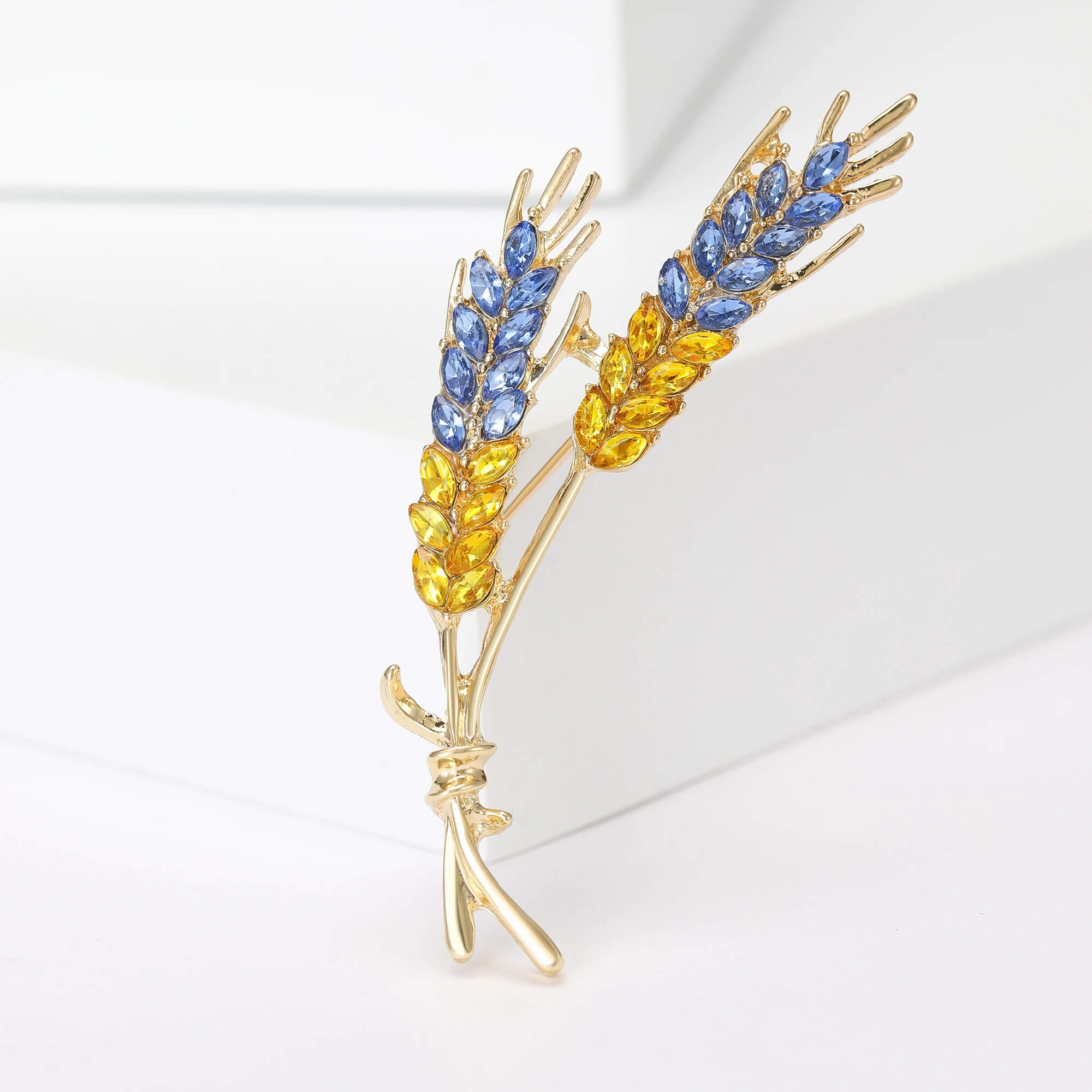 Ukraine Flag Gold-Toned Straw Brooch With Simulated Gemstones in Mixed Color - Mounteen