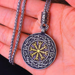 Vegvisir Stave Compass Viking Nordic Stainless Steel Pendant Necklace "The Brave Shall LIve Forever" in Gold Center, Silver Rim - Mounteen