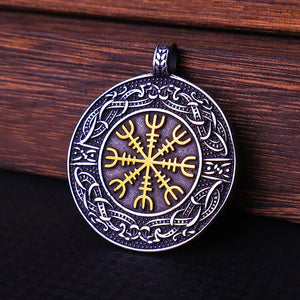 Vegvisir Stave Compass Viking Nordic Stainless Steel Pendant Necklace "The Brave Shall LIve Forever" in Gold Center, Silver Rim - Mounteen