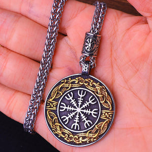 Vegvisir Stave Compass Viking Nordic Stainless Steel Pendant Necklace "The Brave Shall LIve Forever" in Silver Center, Gold Rim - Mounteen