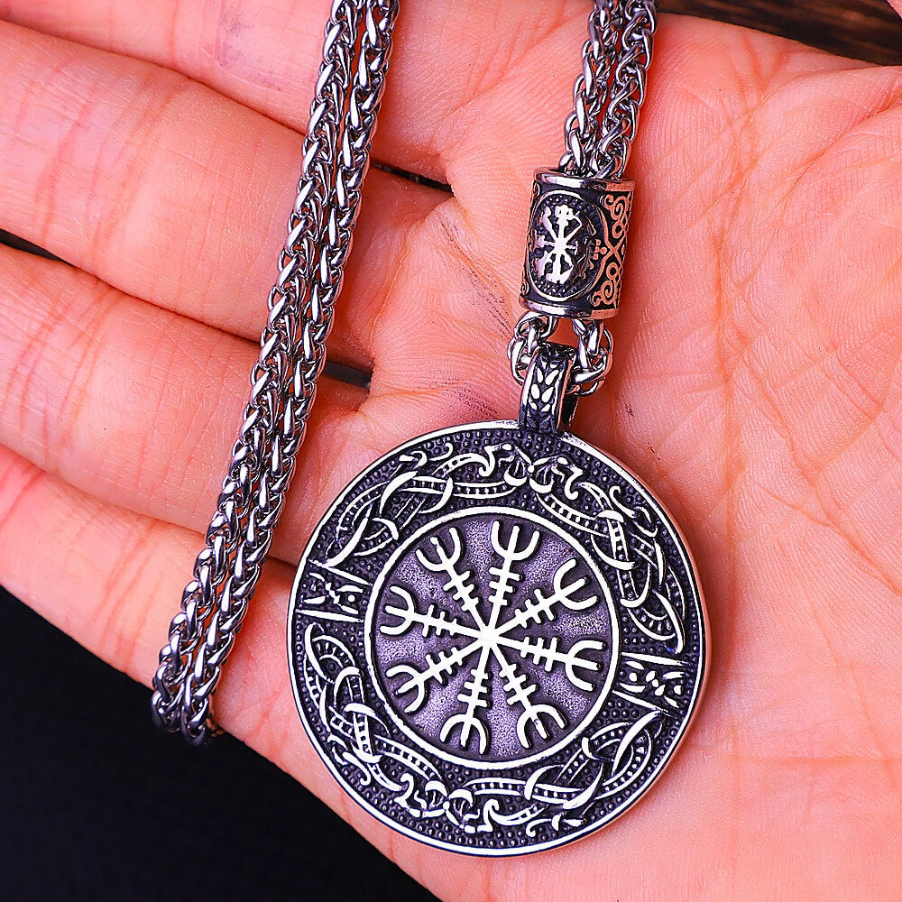 Vegvisir Stave Compass Viking Nordic Stainless Steel Pendant Necklace "The Brave Shall LIve Forever" in Silver Center & Rim - Mounteen