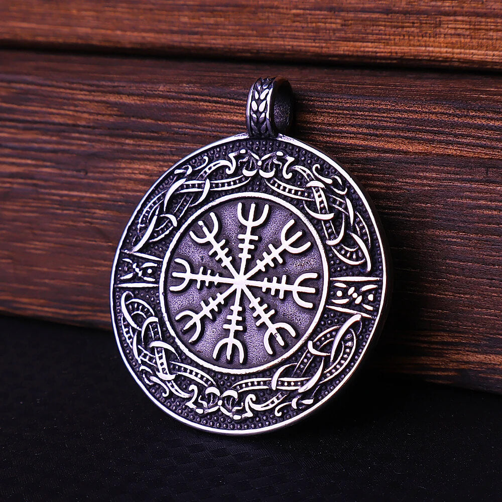 Vegvisir Stave Compass Viking Nordic Stainless Steel Pendant Necklace "The Brave Shall LIve Forever" in Silver Center & Rim - Mounteen