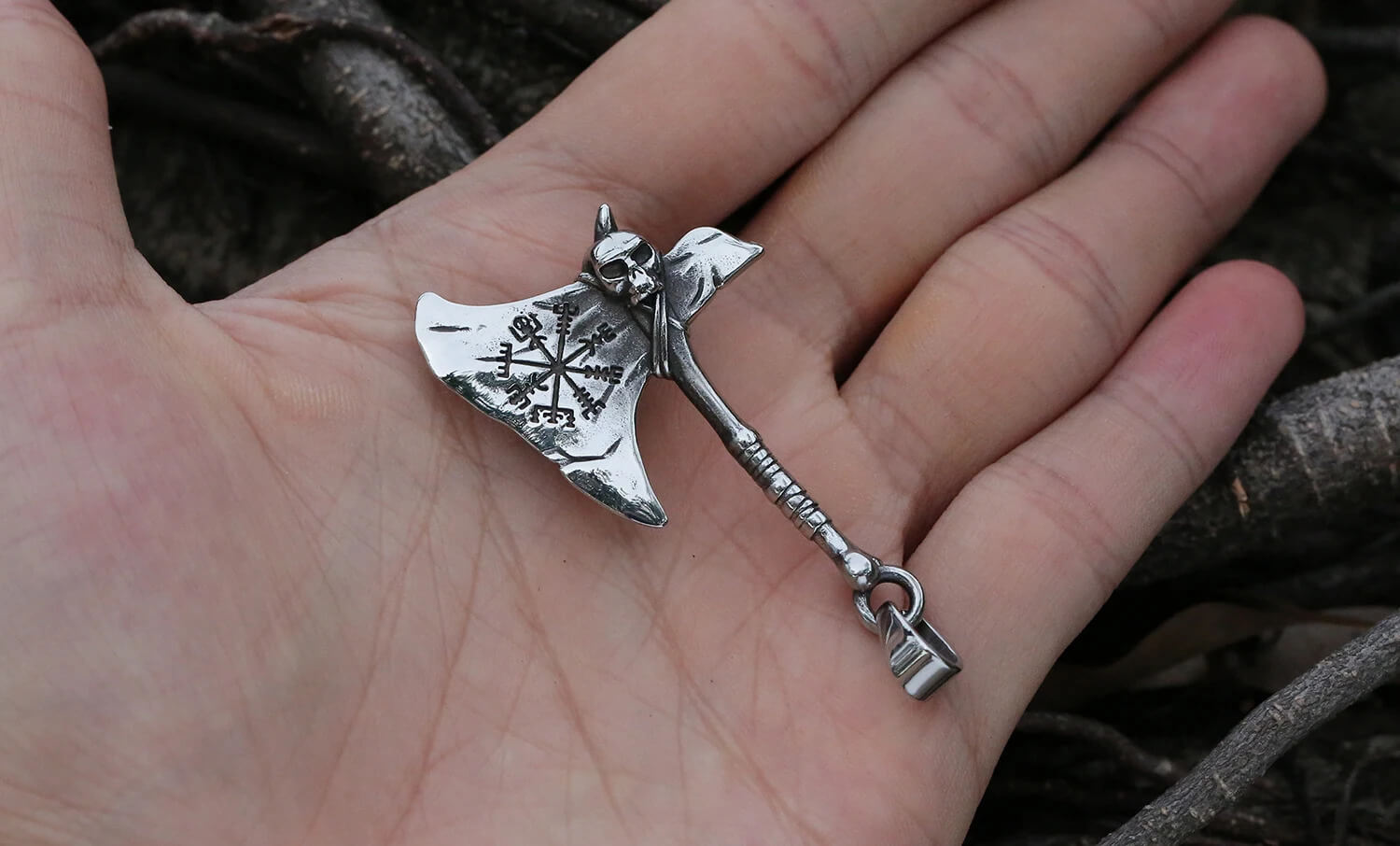 Viking Axe Nordic Stainless Steel Pendant Necklace With Skull - Mounteen
