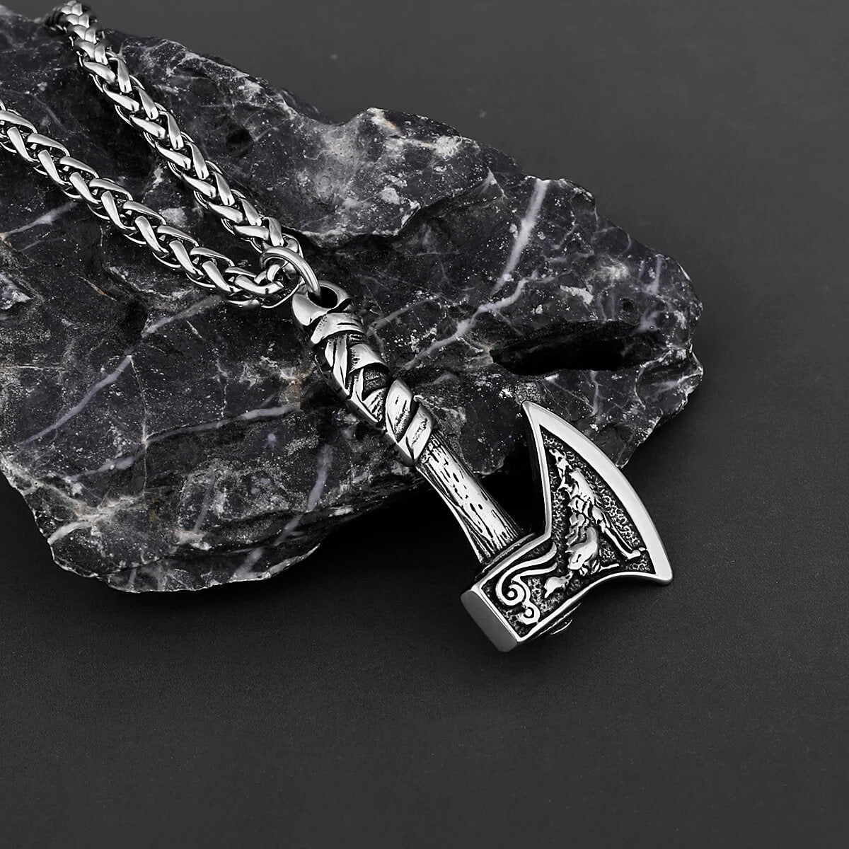 Vintage Viking Wolf and Crow Axe 316L Stainless Steel Pendant Necklace - Mounteen
