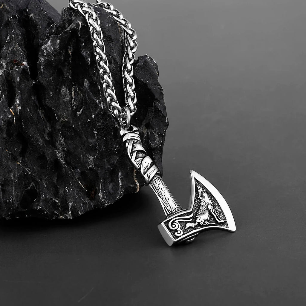 Vintage Viking Wolf and Crow Axe 316L Stainless Steel Pendant Necklace in Pendant & Chain - Mounteen