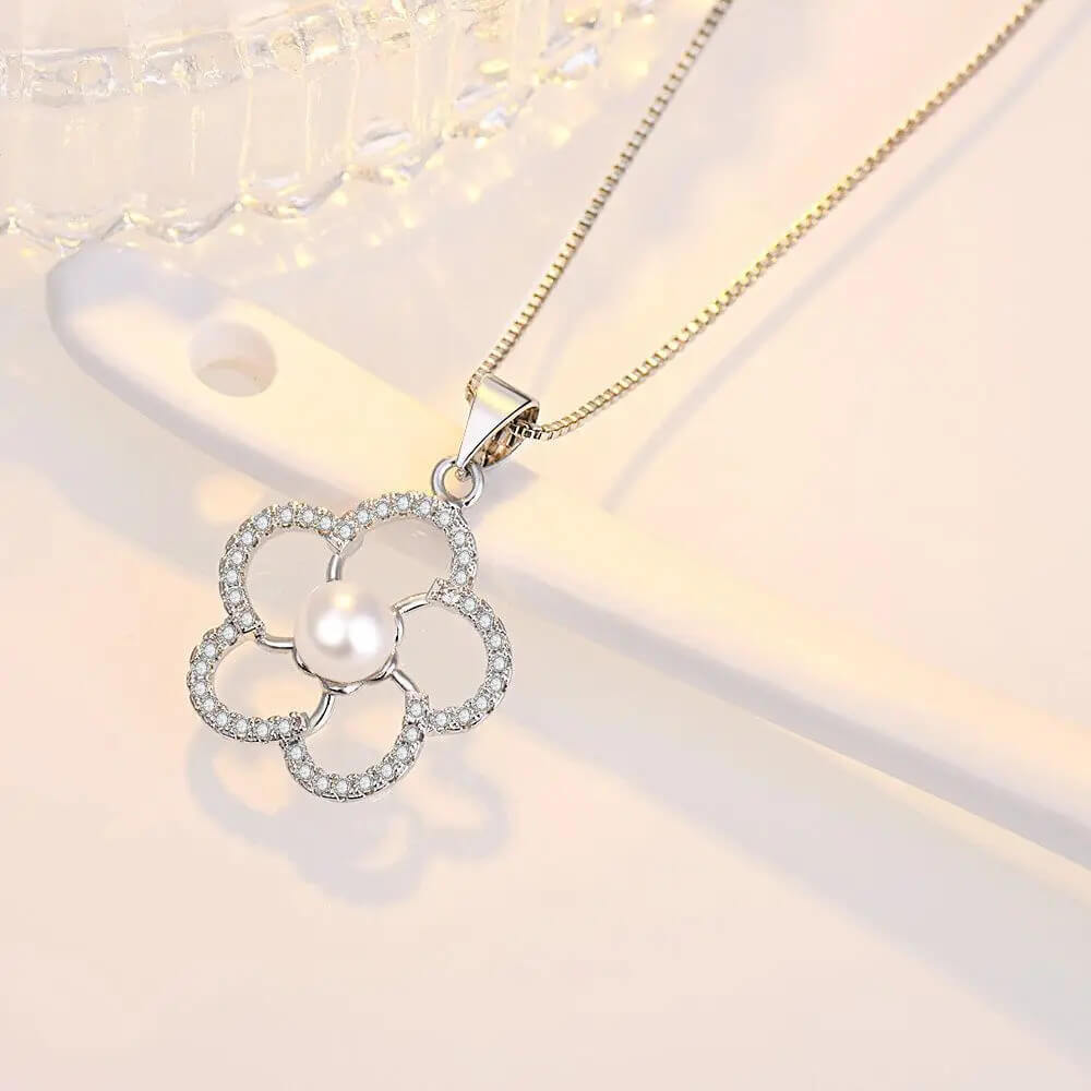 White Pearl Flower Pendant Necklace Artificial Pearl Cubic Zirconia 925 Sterling Silver - Mounteen