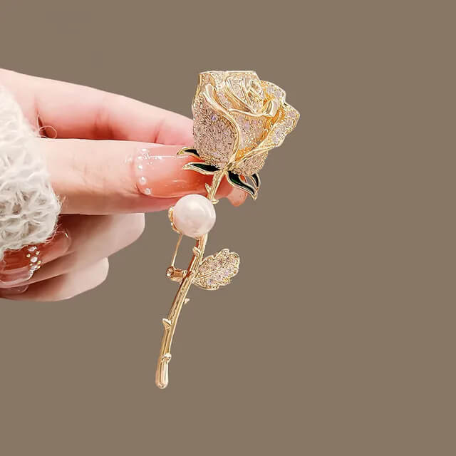 White Rose Rhinestone Gold-Toned Brooch With Synthetic Pearl - Mounteen