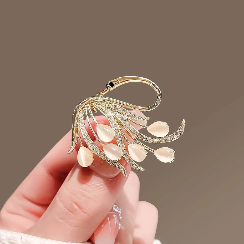 White Swan Gold-Toned Brooch With Synthetic Gems and Rhinestones - Mounteen