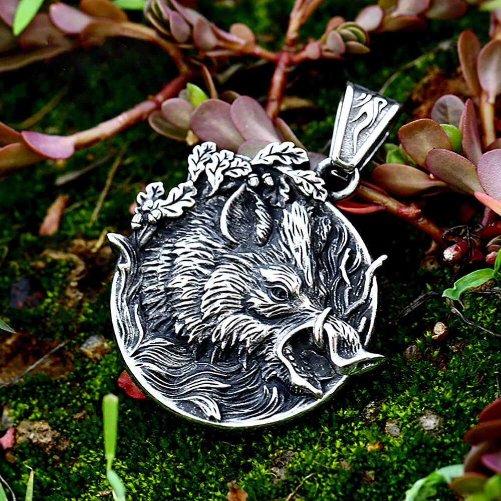 Wild Boar With Tusks Stainless Steel Pendant Necklace in Pendant Only - Mounteen