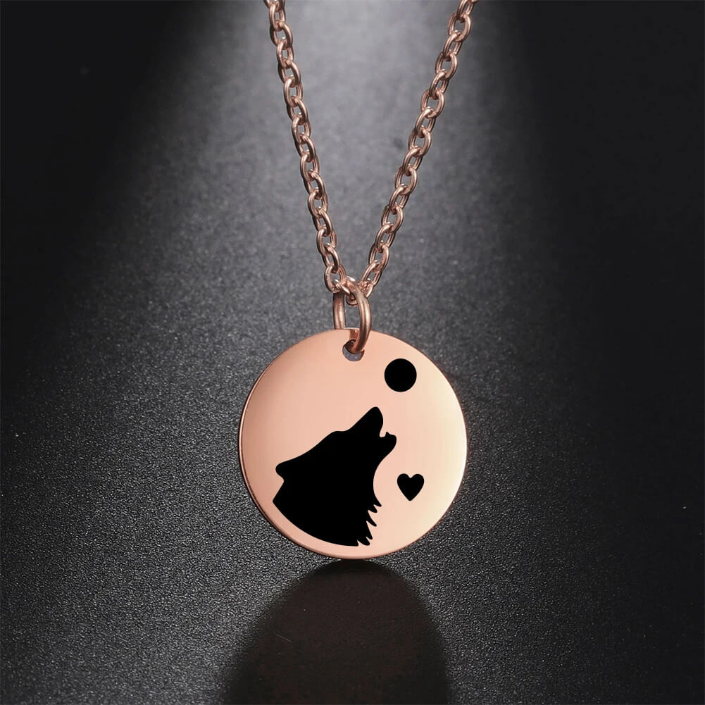 Wolf Heart Howling At Moon Stainless Steel Necklace in Rose Gold - Mounteen