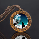 Wolf Howling At Moon Round Wood Necklace - Mounteen