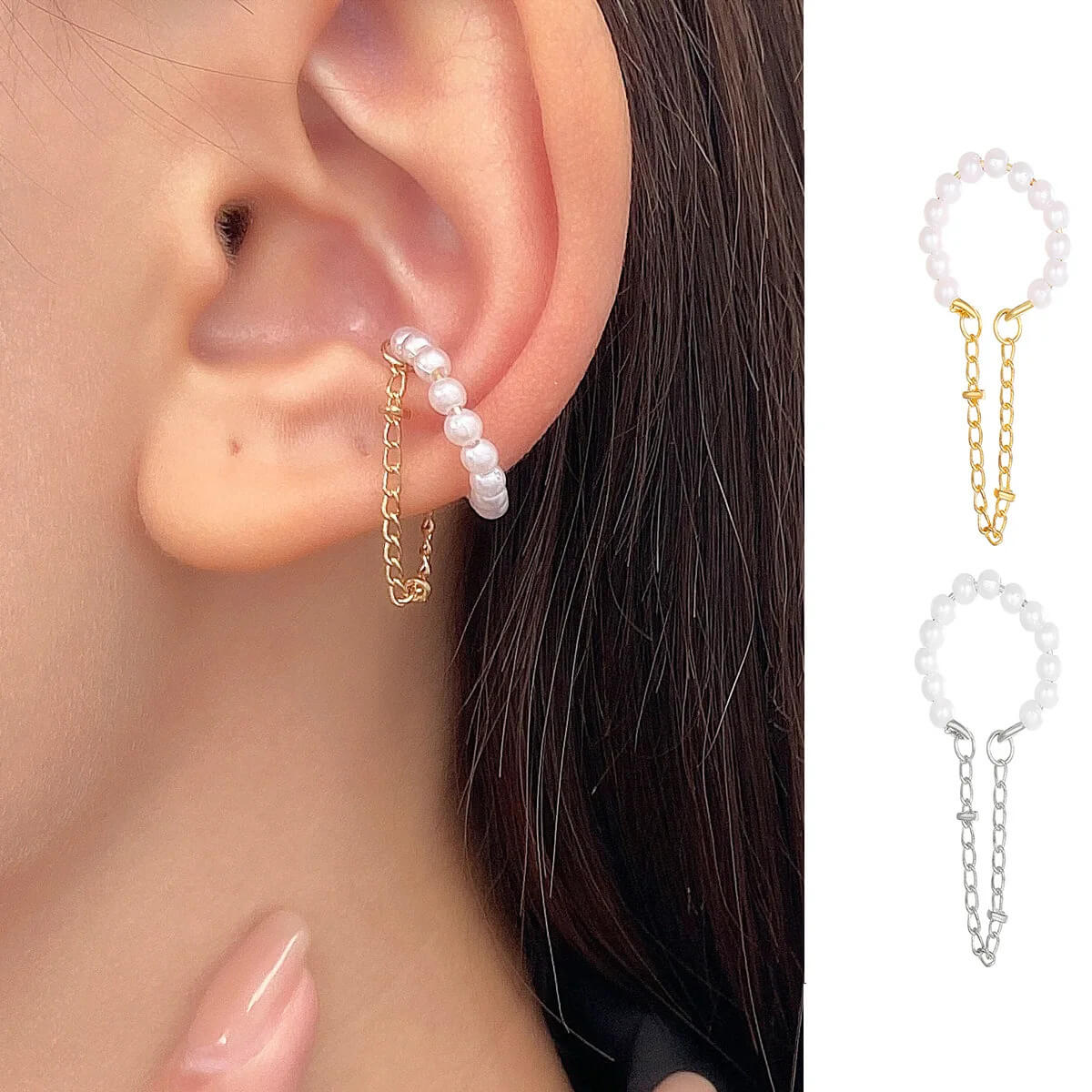 Zinc No Piercing Single Chain Faux Pearl Bead Ear Cuffs - Mounteen